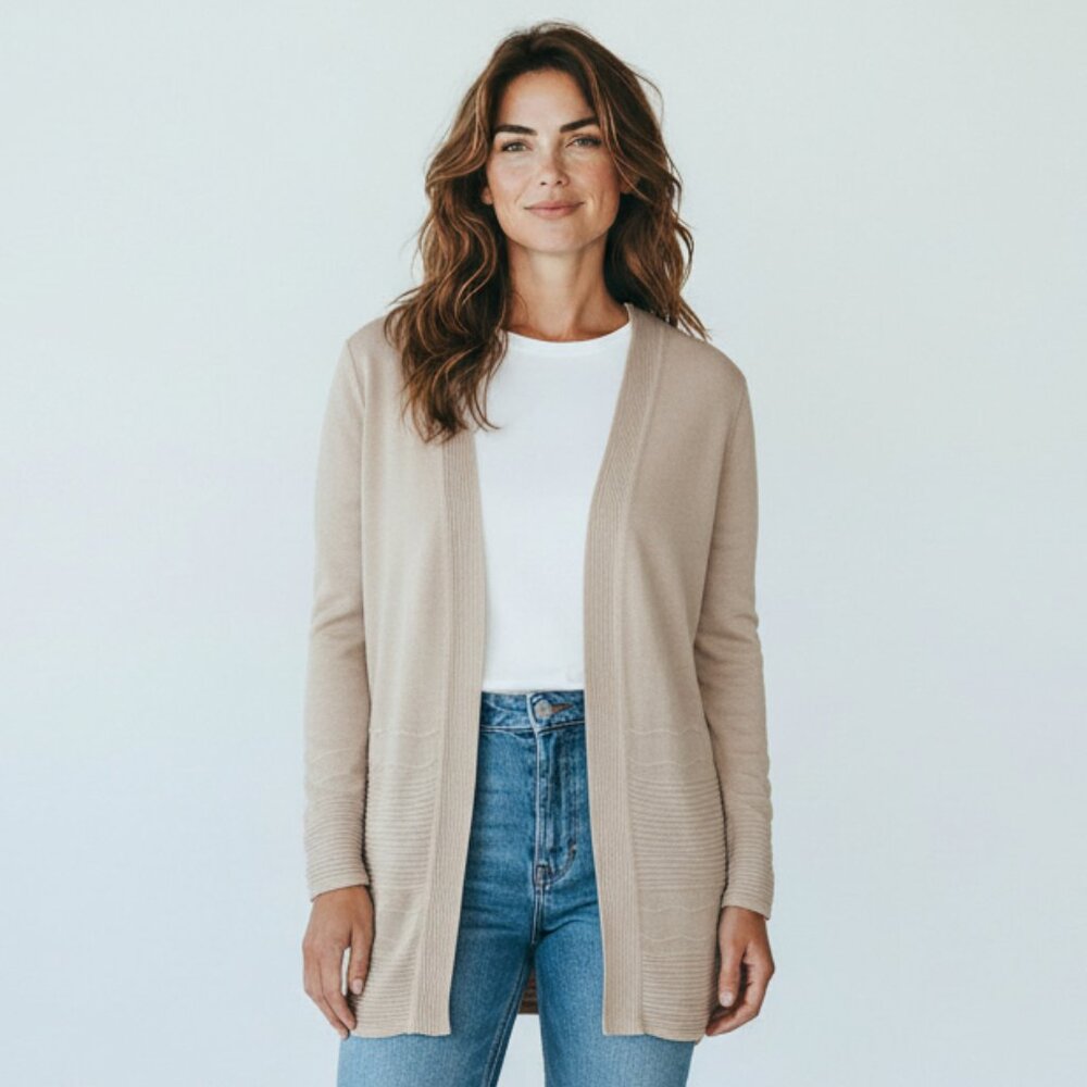 CYRUS Woman’s NEW Open Front Lightweight Ribbed Cardigan Beige | Size‎ XL